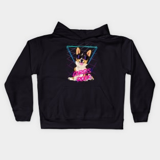 Corgis rock - Tri-color corgi with sunglasses and 80s background Kids Hoodie